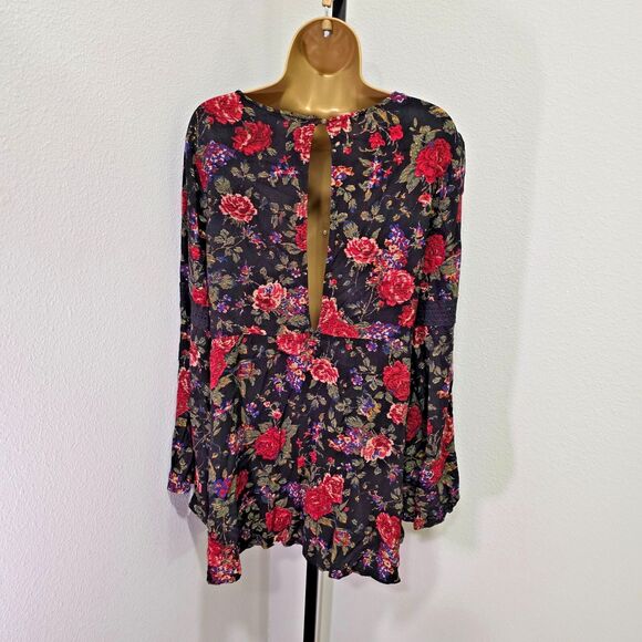 Dark Floral Open Back Top Womens Lge Flare Sleeve Fairy Grunge Moody Cottagegoth - Picture 5 of 7